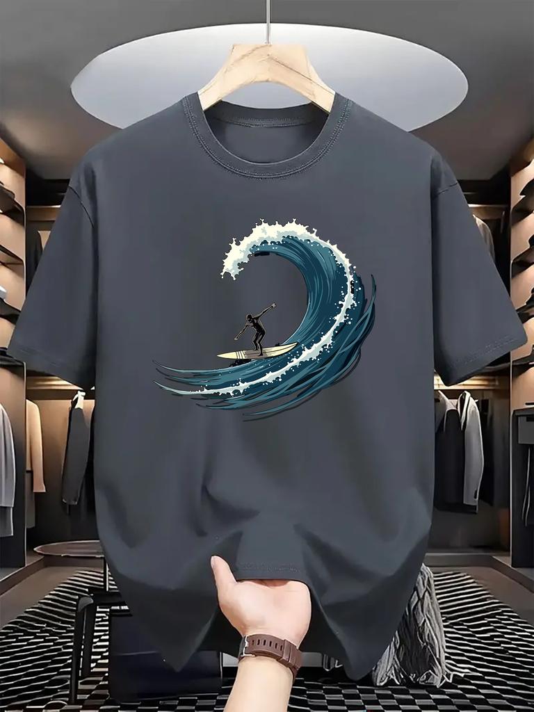 Herren Surf Grafik T-Shirt Blau mit Weißem Welle Surfer Print Design Lässig Rundhals Atmungsaktiv Street Hip Hop Kurzarm