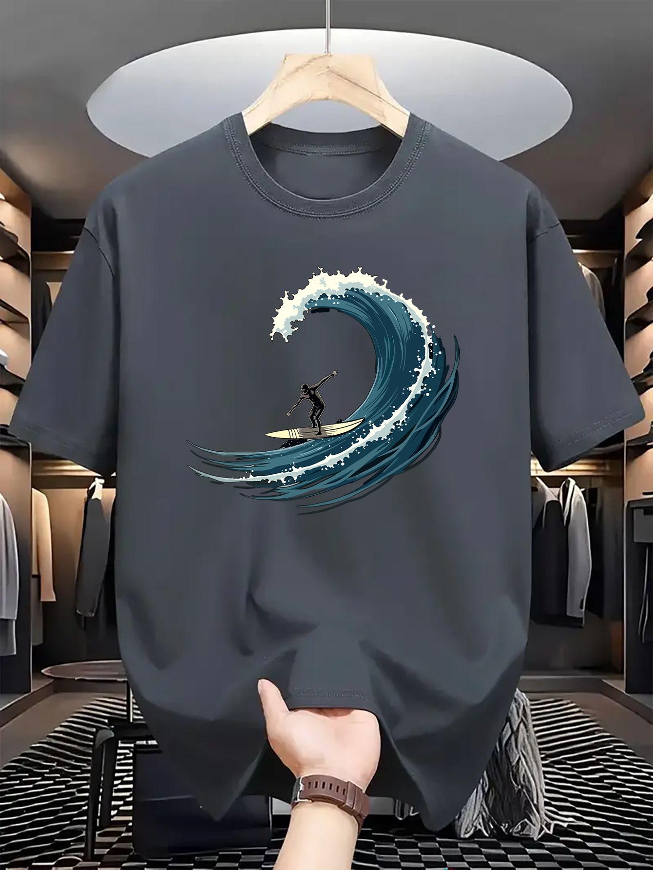 

Men s Surf Graphic T-shirt Blue with White Wave Surfer Print Design Casual Round Neck Breathable Street Hip Hop Short Sleeve 4XL