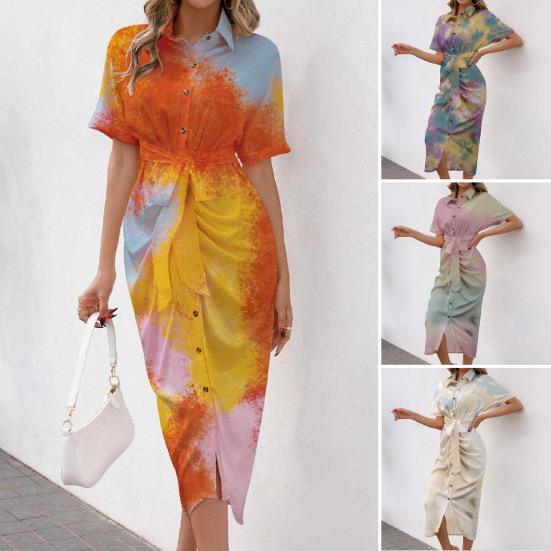 

Женское платье с коротким рукавом, анти-пиллинг, градиент до середины икры, цветная талия, драпированное платье миди на шнуровке, женское