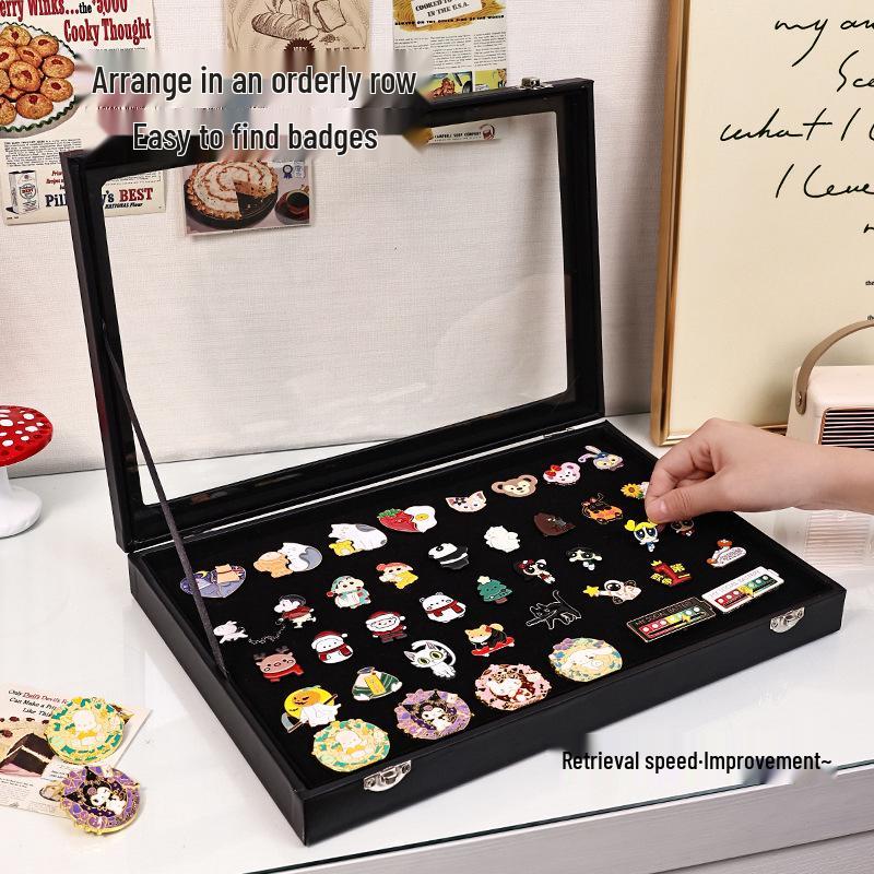 Commemorative Medal Storage Box with Brooch Lid, Ribbon, Display Stand, and Dustproof Felt