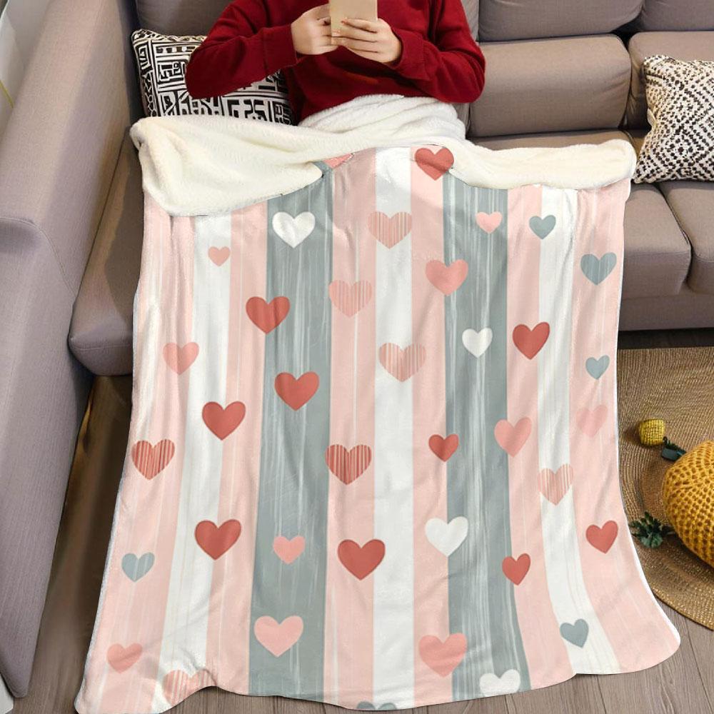 Pastel Stripe Heart Flannel Blanket Perfect for Sofa Office Bed Travel Sleep Read Relax Camping four season use