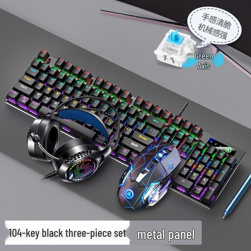 Silver Carving Mechanical Keyboard Set: 87/104 Keys, Blue/Black Clicky Switches, Mouse & Headset for Wired Esports Gaming