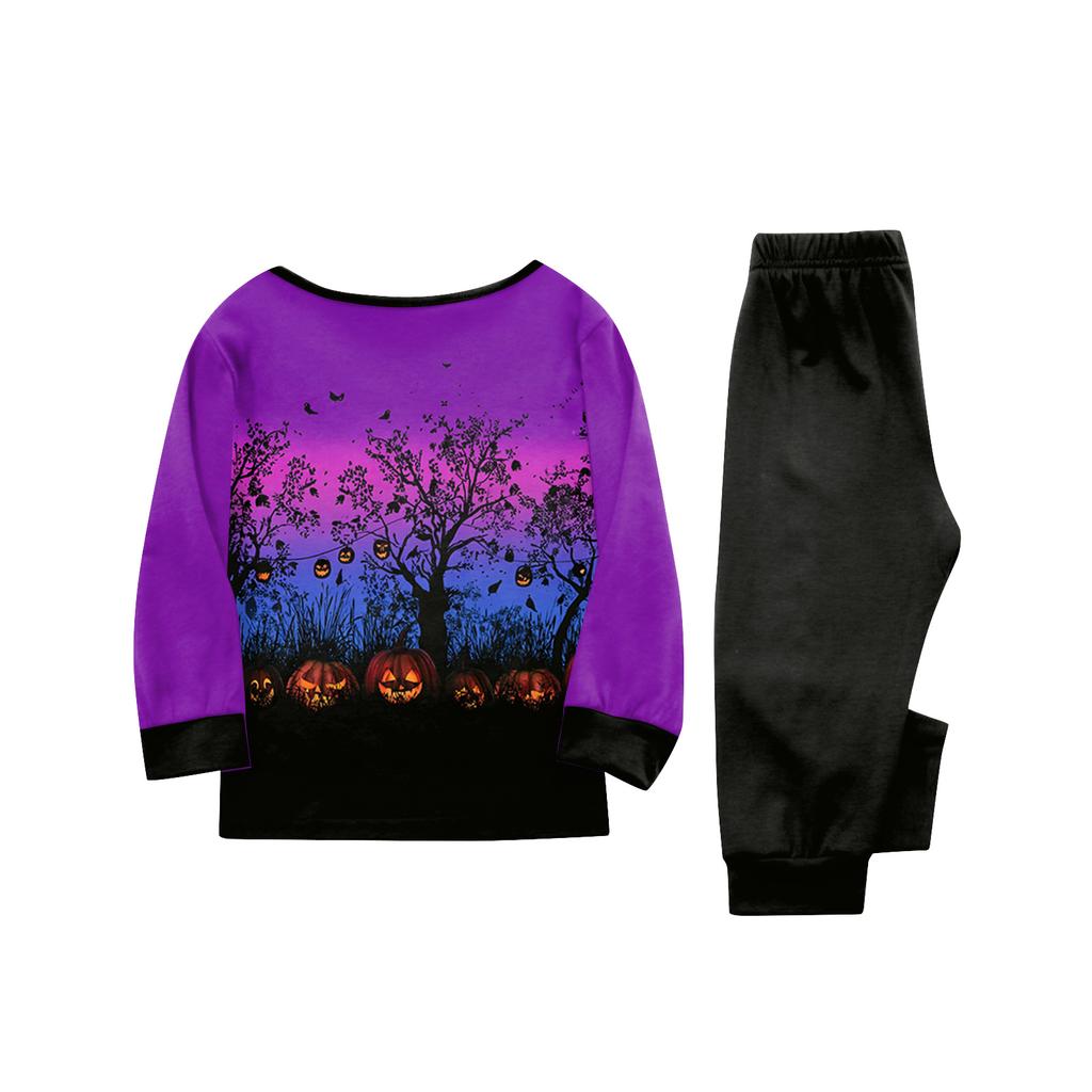 Family Matching Halloween Print Pajama Set Long Sleeve Top and Pants for Women and Kids