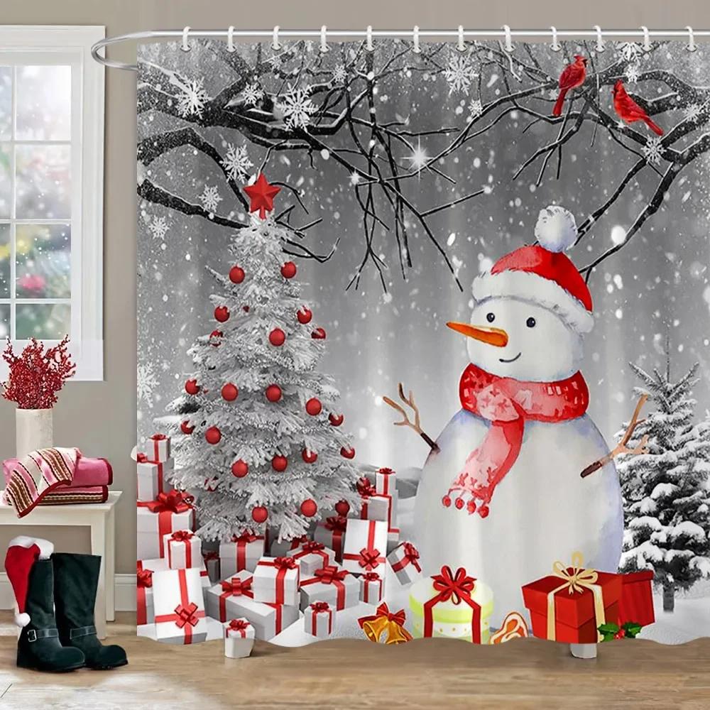 Merry Christmas Bathroom Curtains Snowman Christmas Tree Gift Red Truck Polyester Fabric Washable Shower Curtain Bathroom Decor