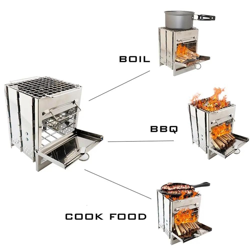 1 Pcs Mini Outdoor Firewood Stove Camping Cooking Picnic Travel Stainless Steel Square Wood Stove Charcoal Folding Grill BBQ