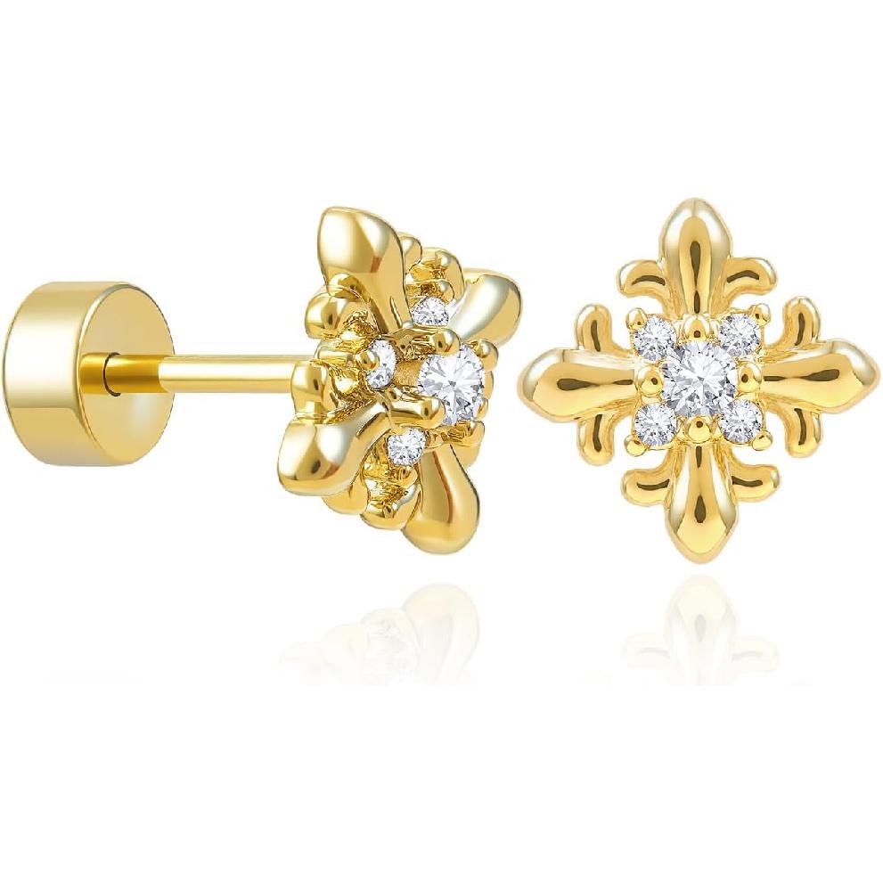 Cicy Bell Womens Flat Back Stud Earrings 18K Gold Plated Hypoallergenic | 316L G23 Surgical Titanium Steel, CZ Stud Jewelry, Tragus Helix Cartilage