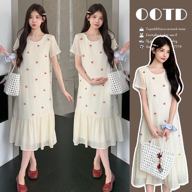 Trendy French Embroidered Maternity Summer Dress with Loose Fit M