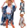 Women's Open Front Half Sleeve Printed Kimono Cardigan Loose Fit Polyester Long Cover Up Casual Beach Sunscreen Shirt