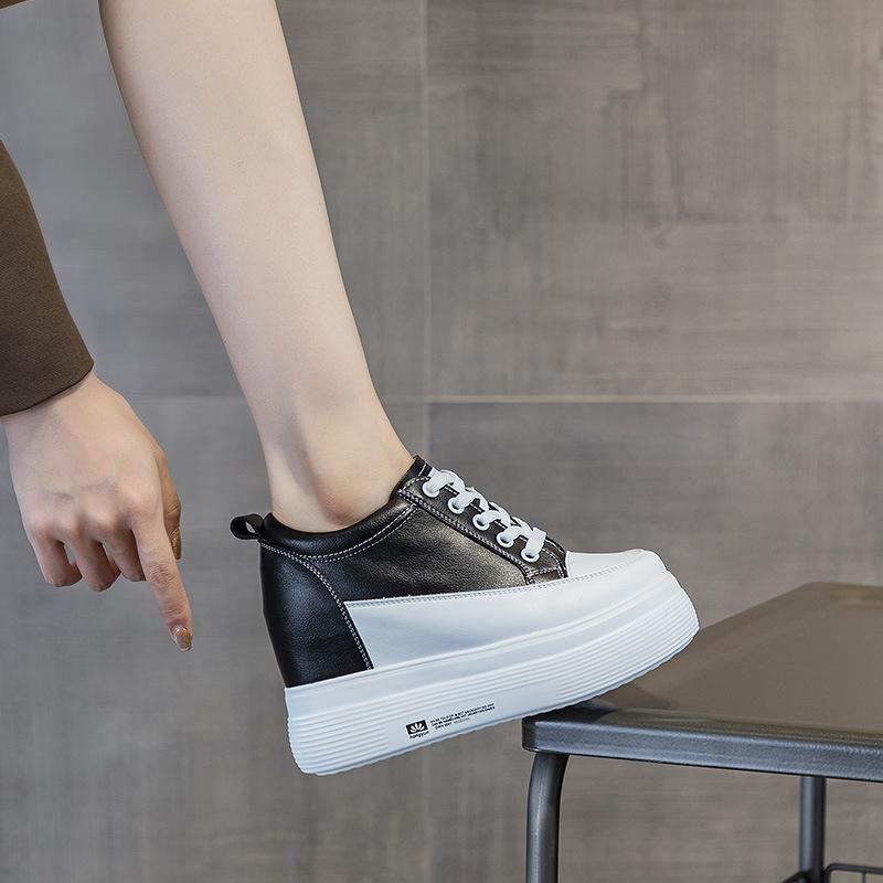 Small size casual women's shoes 10CM height increase small white shoes 2025 autumn muffin thick-soled leather single shoes small board shoes