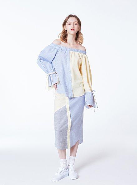 Near And Dear Striped Combination Off-Shoulder Blouse (Blue) Other Colors/Free