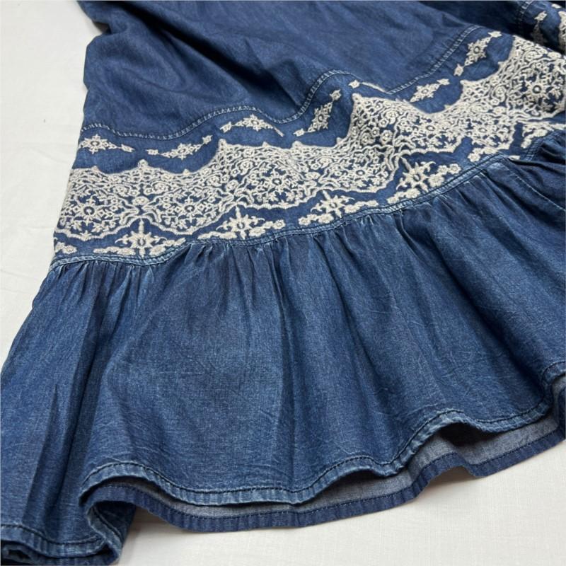 Johnature Summer Women O-Neck Elasticated Waistband Dress Vintage Embroidery Three Quarter Cowboy Dress