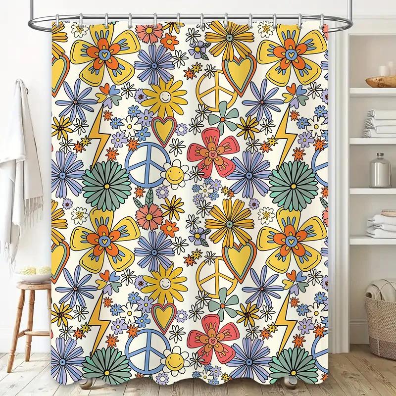 Psychedelic Shower Curtain Bohemian Floral Peace Sign Design Durable Polyester Fabric for Bathroom Decorations (Multicolor)