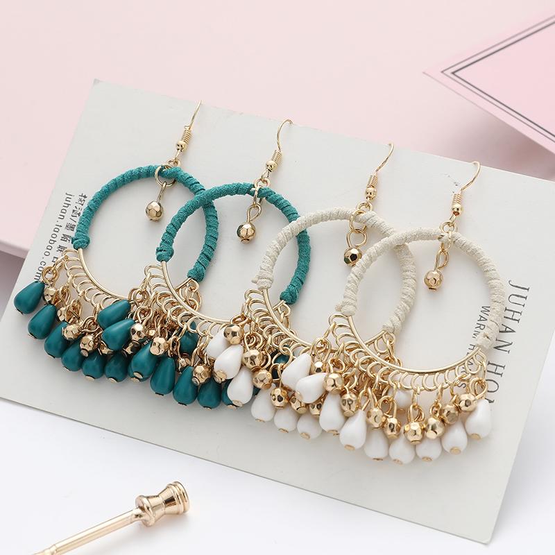 Bohemian Round Water Drop Tassel Earrings Jewelry Ethnic Style Hand Woven Hollow Geometric Statement Earrings for Women Girls