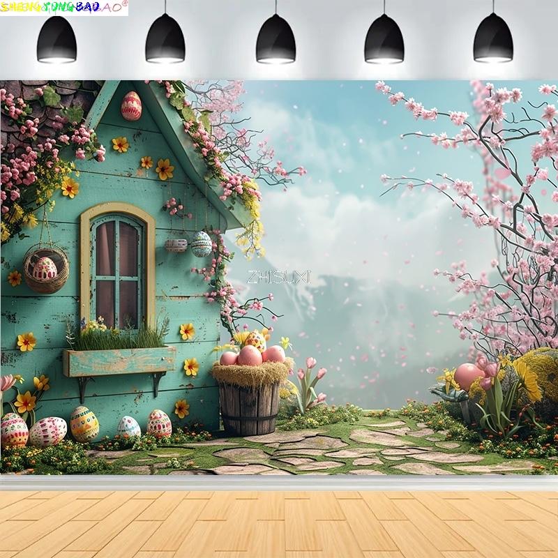 Easter Party Wreath Spring Garden Children's Photography Props Rabbit Colorful Eggs Newborn Portrait Shoot Background FH-60