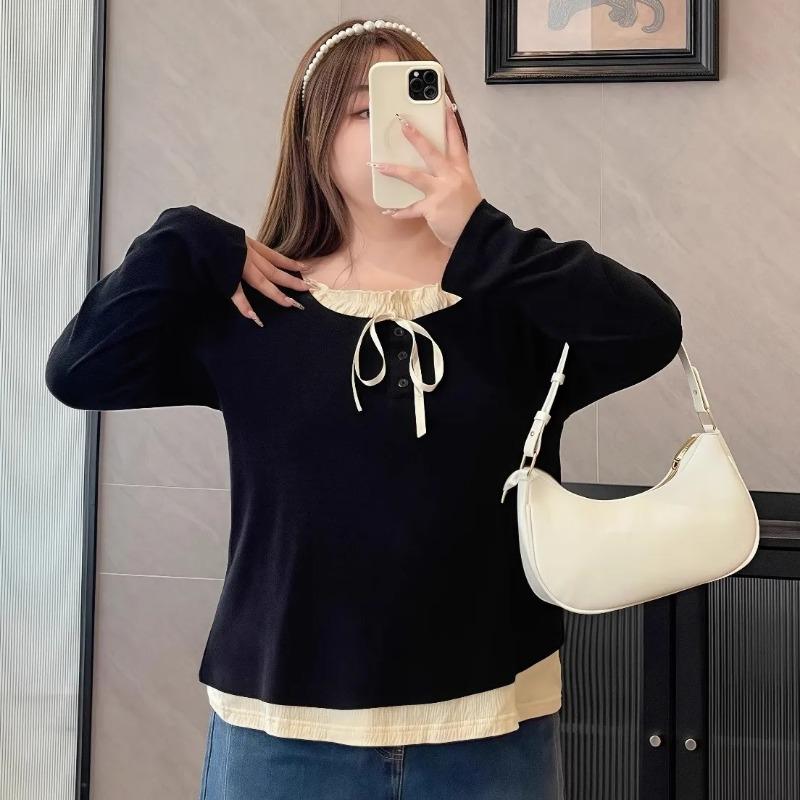 

Women s Fake Two-piece Long-sleeved Spring and Autumn Slimming Bottoming Top with German Velvet Inner Layer 3XL чорний