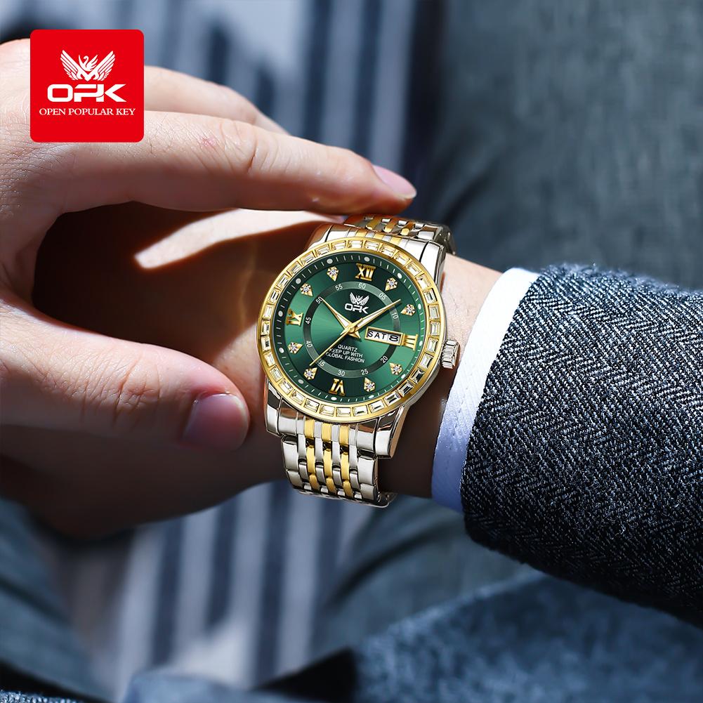 OPK Dual Calendar Luxury Quartz Watch For Men Diamond Roman Scale Business Hand Clock Waterproof Fashion Original Man Watch