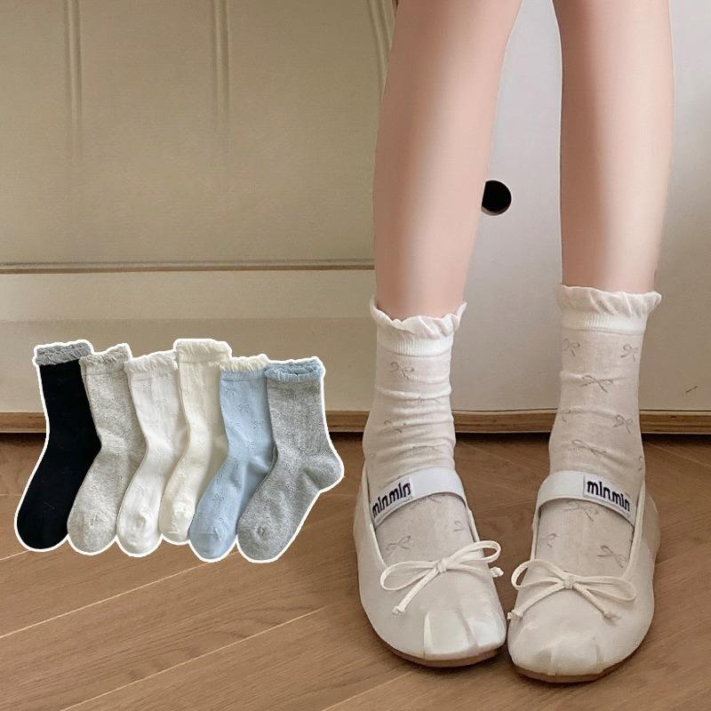Female Spring and Autumn Solid Color Bow Ballet Style Boneless Pile Pile Cotton Socks