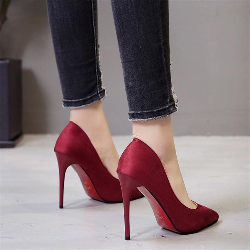 Fashion 11.5cm Super High Stiletto Heels Pumps Women Office Flock Pointed Toe Thin Heel Party Shoes Woman Plus Large Size 43 44