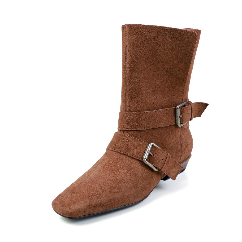 Fashion 2025 New Retro Women Cow Suede Calf Boots Western Boots Autumn Winter Square Toe Buckle Decoration Thick Heels Boots Women