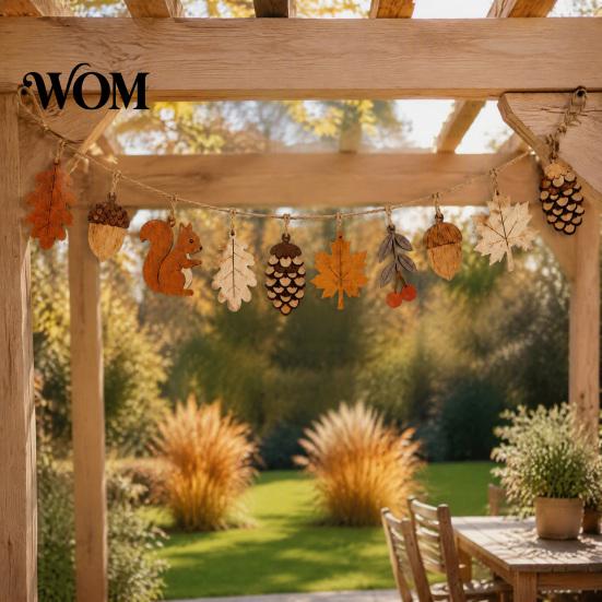 Tactile Wooden Wall Art Fall Garland Decor, Rustic Autumn Hanging Ornament with Squirrel Boho Home Decoration Maple Leaf Pinecone Harvest Thanksgiving