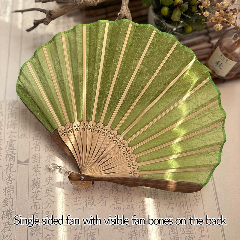 Bambus Falt-Handfächer Muschelförmig Retro Chinesischer Stil Netz-Seidenfächer für Damen Einfarbig Geschnitztes Fächerbein Fächer Hochzeitsdekoration