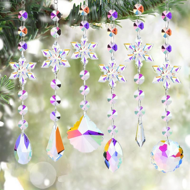 Crystal Snowflake Decoration 6Pieces Acrylic Snowflake Christmas Ornaments Rainbow Car Pendants Winter Clear Icicle Drop For