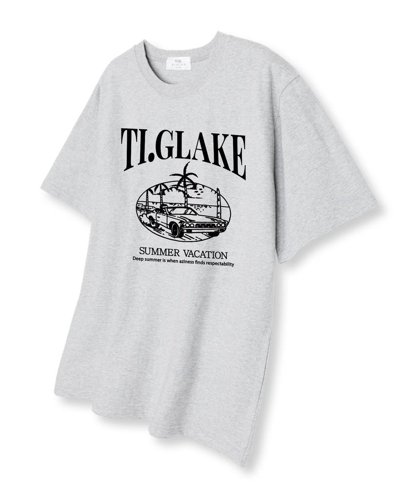 TI.GLAKE Open Car Vacation Oversized Short Sleeve T-Shirt Light Gray