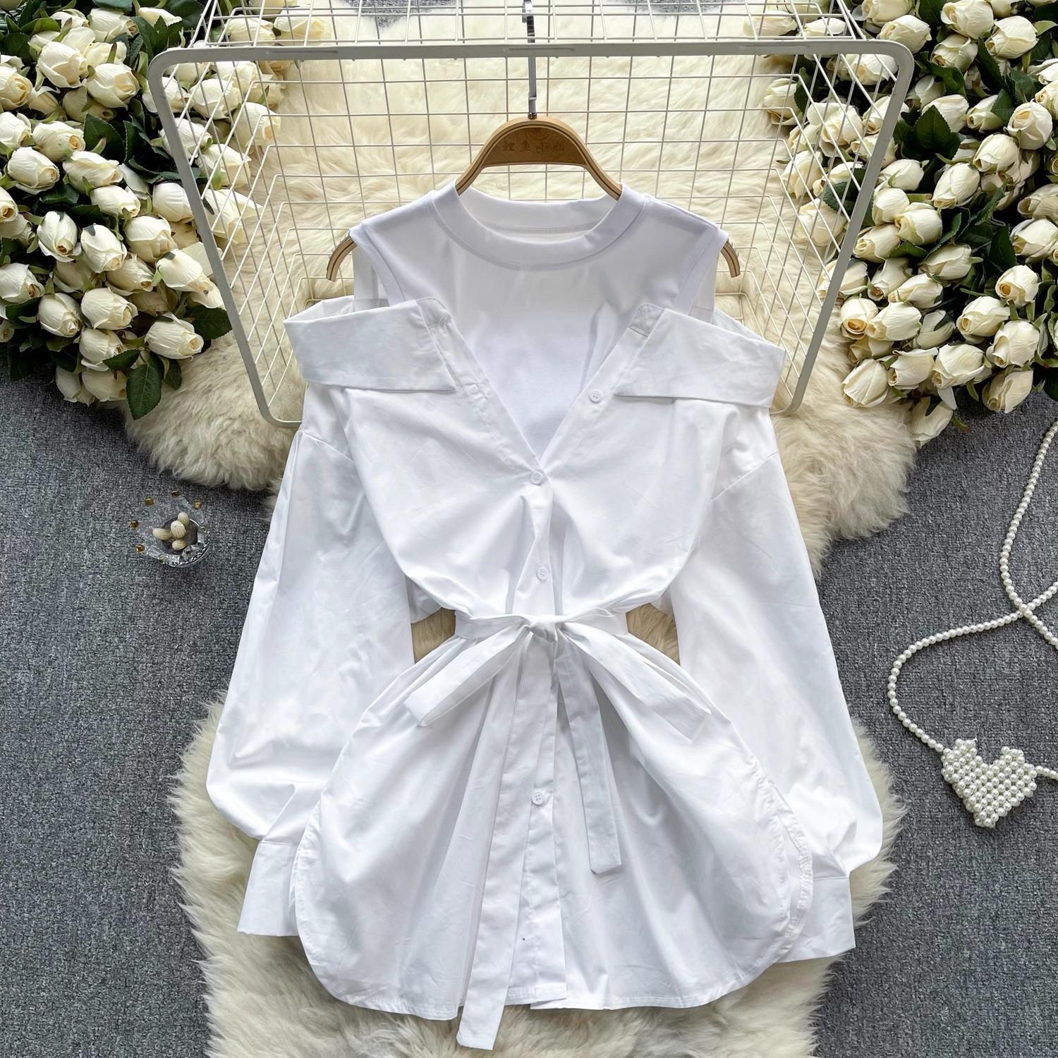 

Сорочка в ретро стилі в гонконзькому стилі, жіноча, з круглим вирізом, з контрастним кольоровим поєднанням, з відкритими плечима, з довгими рукавами, спідниця One size білий