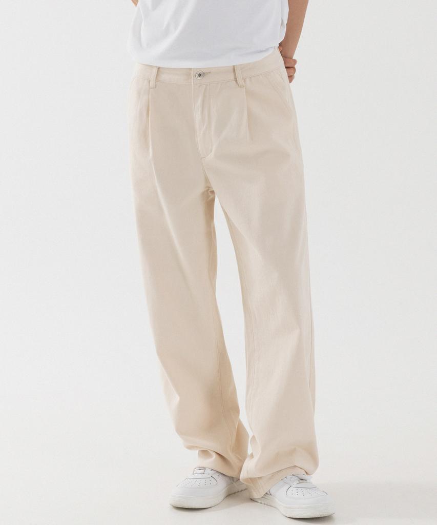 PIANER Semi-Wide One-Pleat Cotton Pants (Cream)