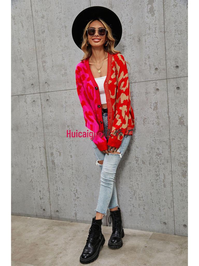 European & American Leopard Print Knitted Cardigan: Autumn/Winter, Mid-Length, Round Neck, Single-Breasted, Streetwear Style, Plus Size Sweater