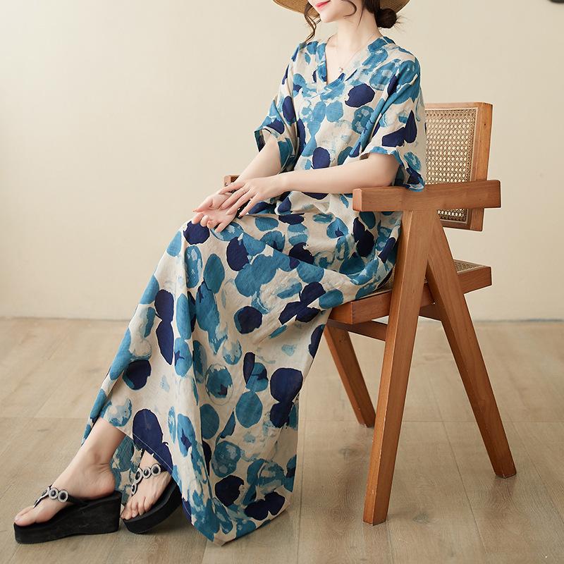 

Ретро платье свободного кроя с V-образным вырезом для пляжа - Летнее хлопково-льняное парео 2024 года, больших размеров Plus Size