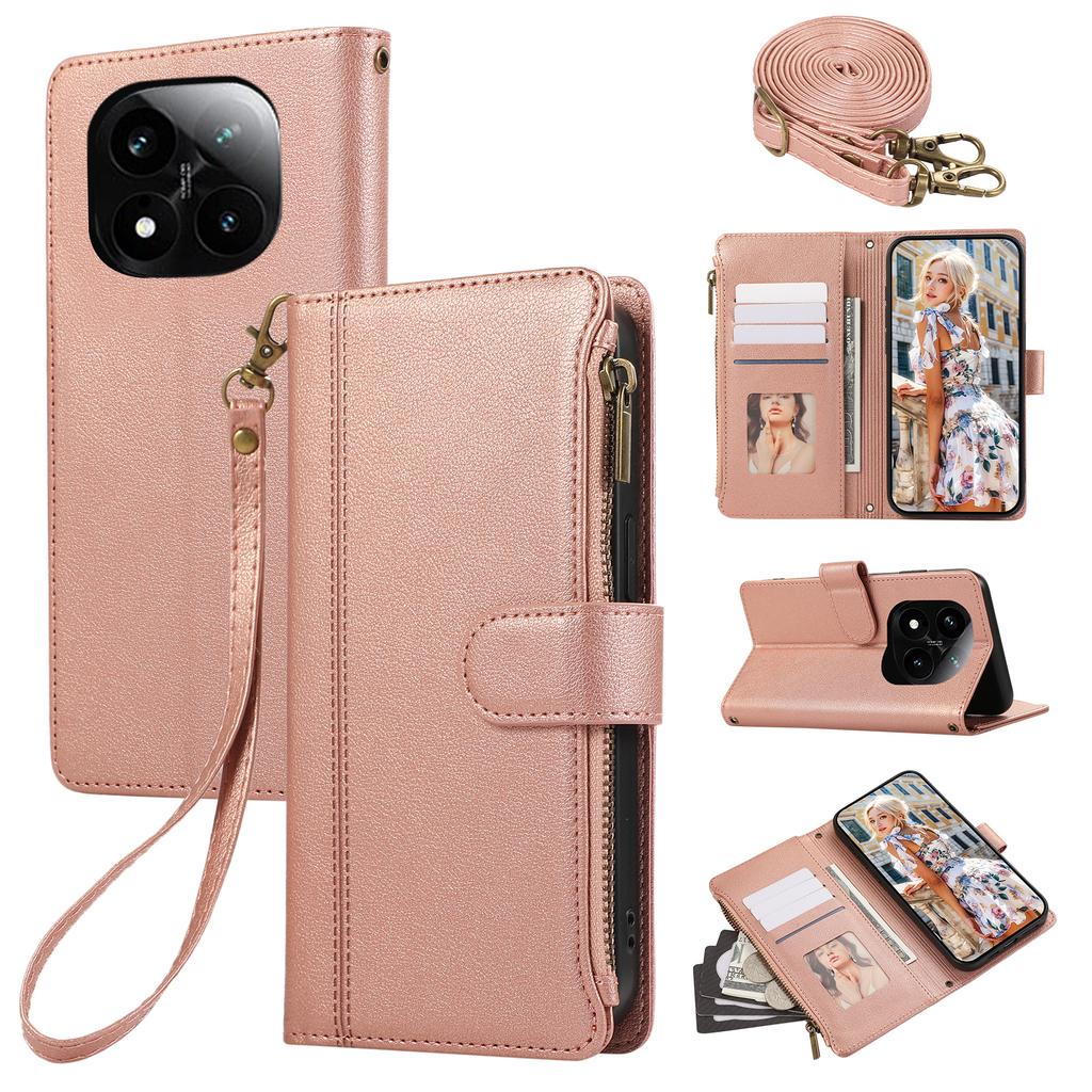 Phone Case For Xiaomi Redmi Note 14 Pro 5G/Note 14 Pro+ 5G/Poco X7 5G , Multi Card Slots Zipper Leather Cover with Shoulder Strap/Wrist Strap