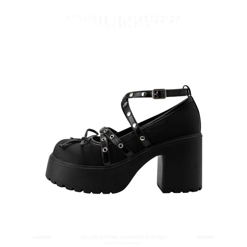 Fashion Spring New Single Shoes Women Round Head Shallow Mouth Butterfly Knot Rivet A Line Buckle Thick Sole Non-slip High Heels