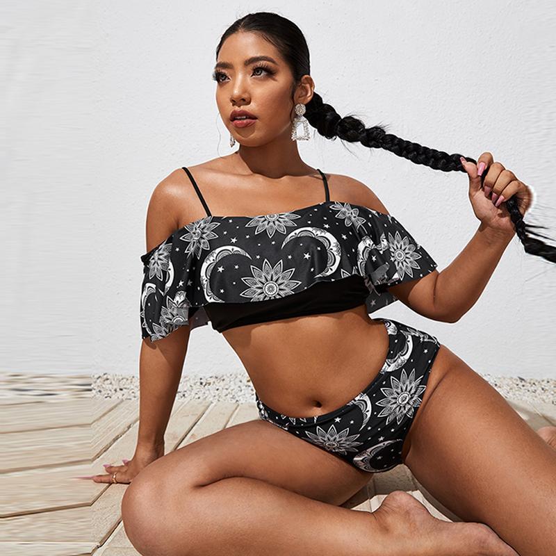 

Бикини больших размеров с высокой талией и рюшами, комплект бикини, сексуальный купальник бикини с воланами, женский купальник из двух частей, пляжная одежда с цветочным принтом, купальный костюм с v-образным вырезом 2XL чёрный