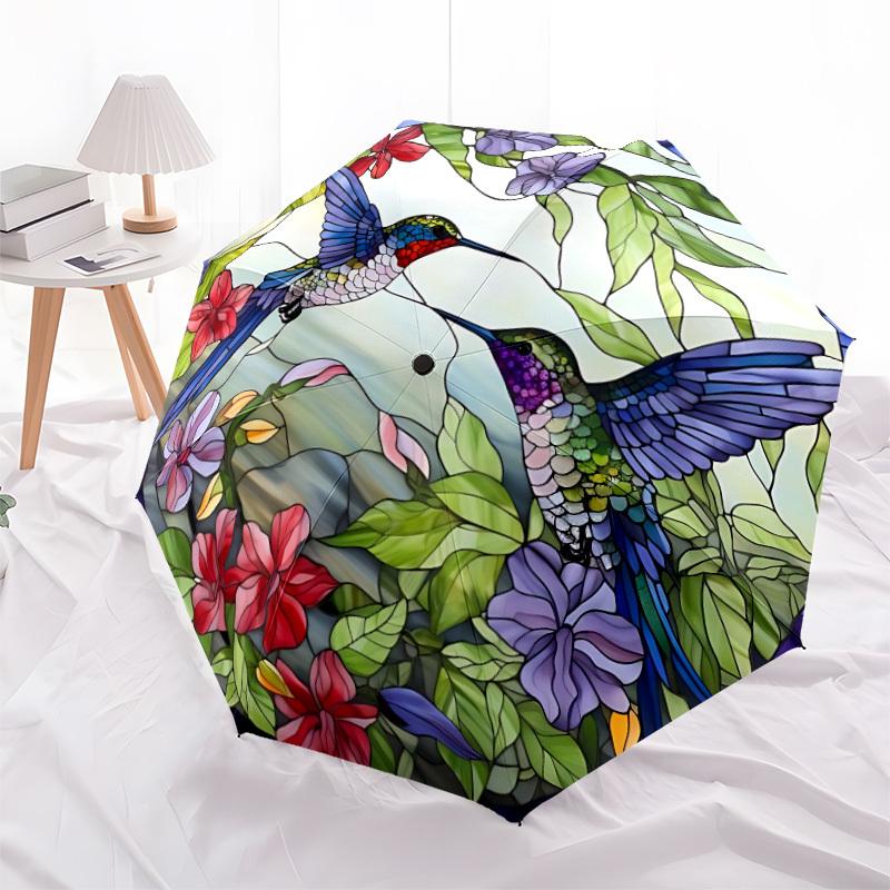 1pc Hummingbird Stained Glass Folding Umbrella, Durable, Suitable for Outdoor Activities or Rain, Suitable for Commuting yy251027079