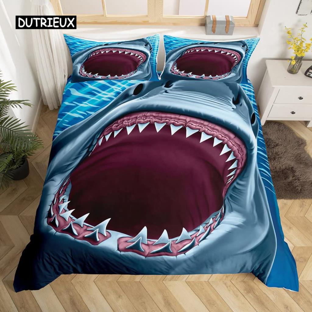 Shark Duvet Cover Set Deep Sea Animal Bedding Set Cartoon Ocean Sharks Colourful Hand Drawn Comforter Cover For Kids Boys Girls