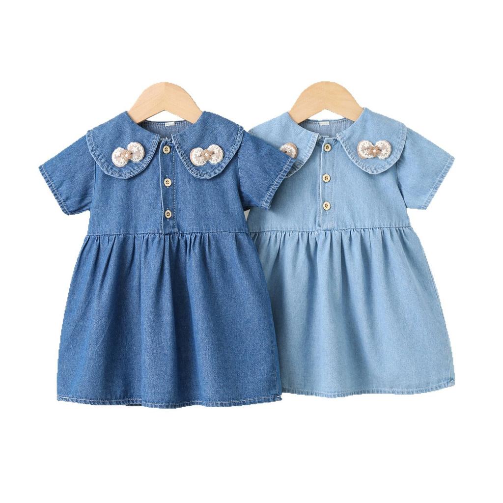 Summer Girls Denim Dress Sweet Bow Tie Collar Short Sleeve Princess Skirt For Kids Casual Cute Jean Dress