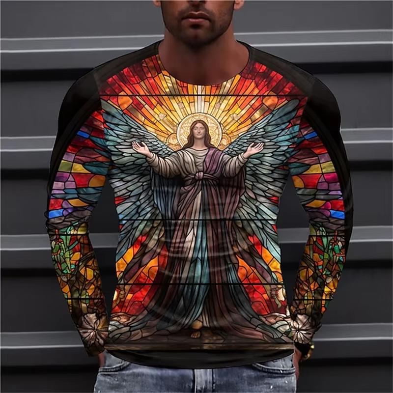 Spring and Autumn 3D Printing Virgin Mary Men's T-shirts Christian Round neck Long Sleeved Casual Tops