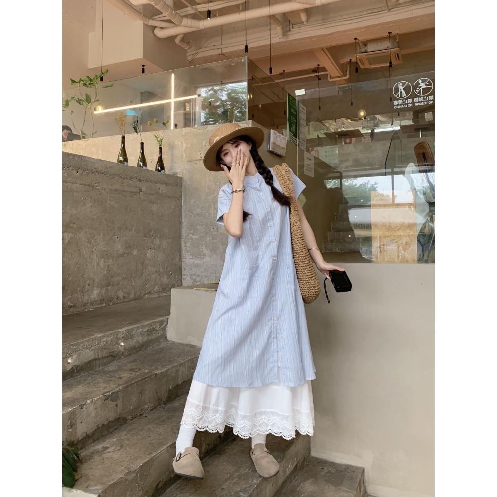 Summer Blue Shirt Dress Women's Loose Casual Gentle Style Long Skirt Two-Piece Set Layering Clothing Female Fashion