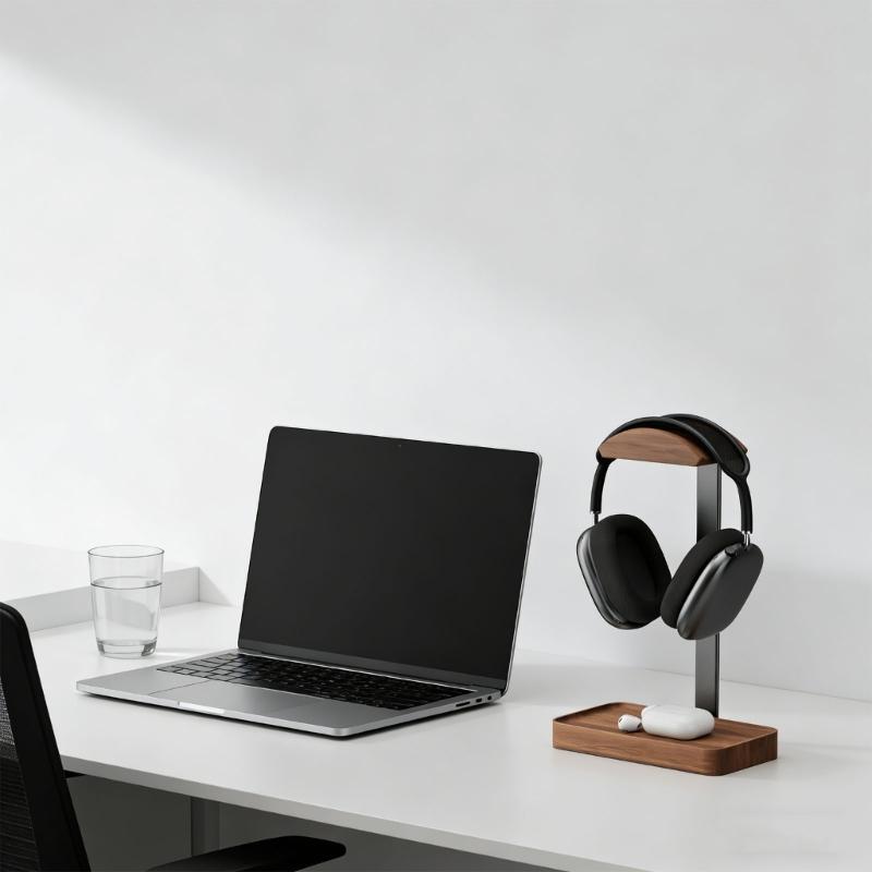 Supporto premium in legno per cuffie con vassoio portaoggetti per dispositivi wireless e altre cuffie