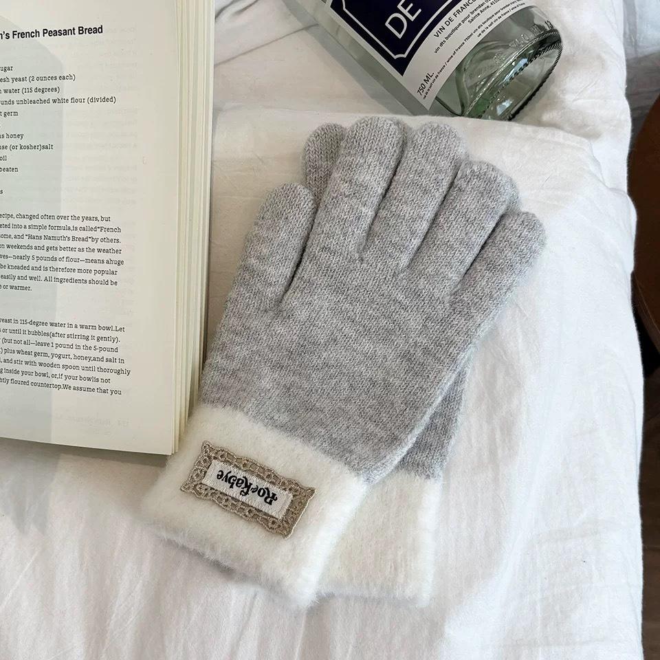 Cute Woolen Gloves for Women Plus Velvet and Thickening  Korean Style Low Saturation Cream Style Finger Gloves  Warm Five Finger Gloves
