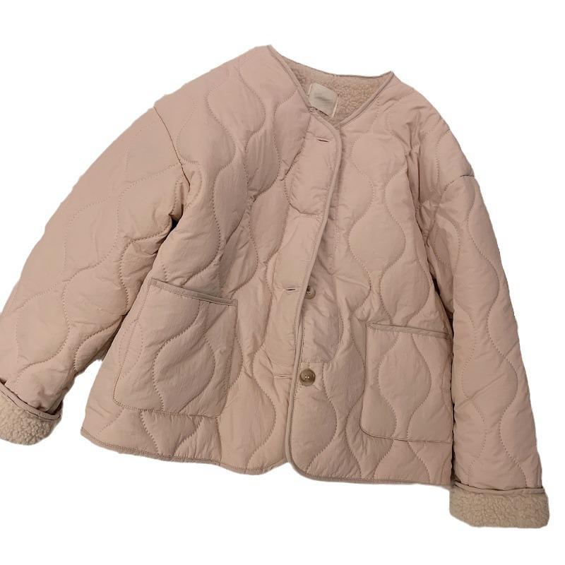 Women's Pink Lambswool Cotton Winter Coat 2022 - Korean Style Thickened Round Neck Jacket