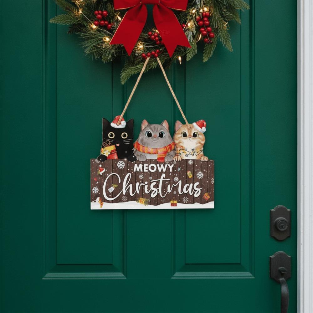 Wooden Christmas 3 Kitten Hanging Board 2D Flat Cat Hanging Ornament Entrance Hall
