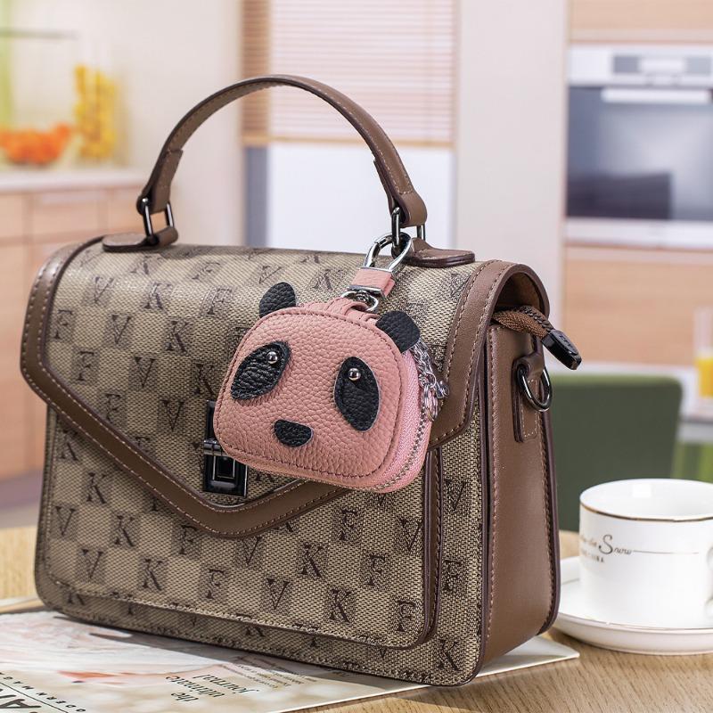 Leather compact key bag New panda bluetooth headset protective case First layer cowhide waist hanging universal key bag
