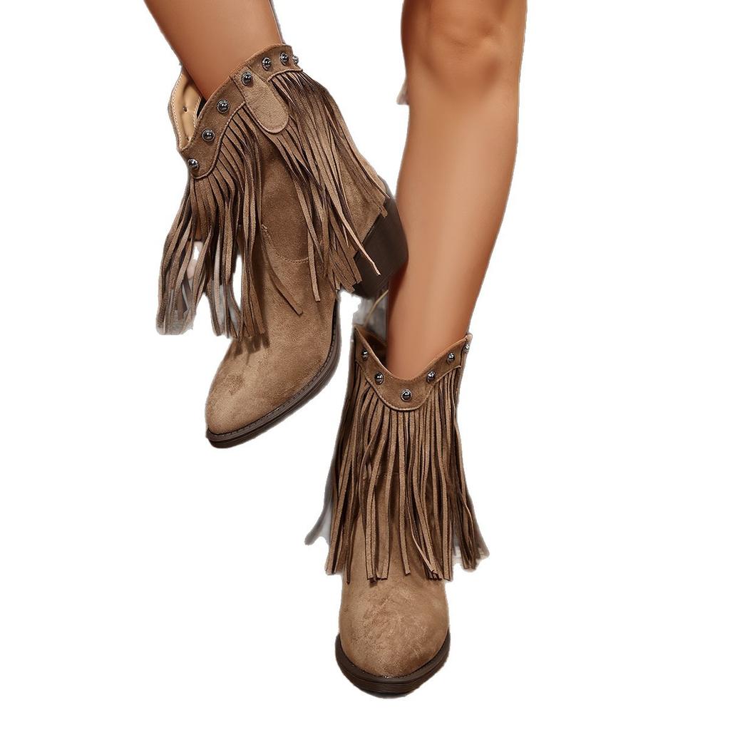 Large Size Boots Women's Autumn and Winter New Rivet Western Thick Heel Fringed Boots Pointed Short Boots