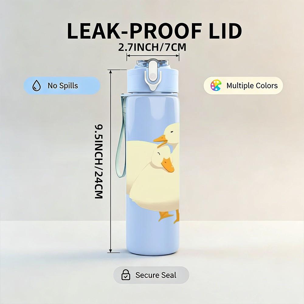 1PC White Duck Simple Cute Cartoon Print 750ml Color Plastic Sports Water Bottle Leakproof Flip Straw Lid Suitable for Sports Office Home Use