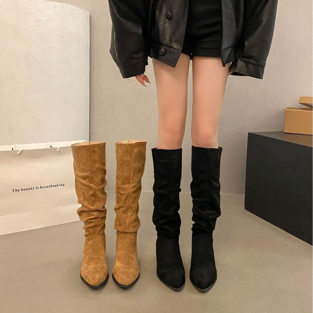 Popular Pile 2025 New Boots Spring and Autumn Boots Retro But Knee Women's Thick Heel Heel Heightening Knight Boots Look Thin