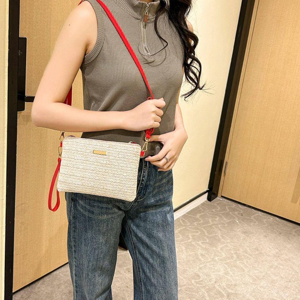 Fashion Hand-woven Straw Crossbody Bag Casual Large Capacity Beach Clutch Simple with Shoulder Strap Mobile Phone Bag Summer