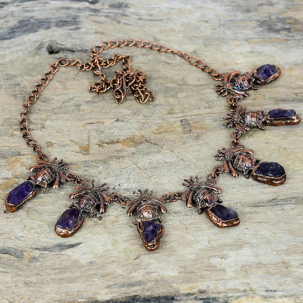 African amethyst rough necklace electroformed copper adjustable chain necklace honey bee necklace gemstone handmade jewelry gifts for women