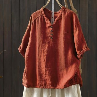 Women Vintage T-Shirts Summer Chinese Style V-Neck Short Sleeve Solid Color Female Casual T-Shirts